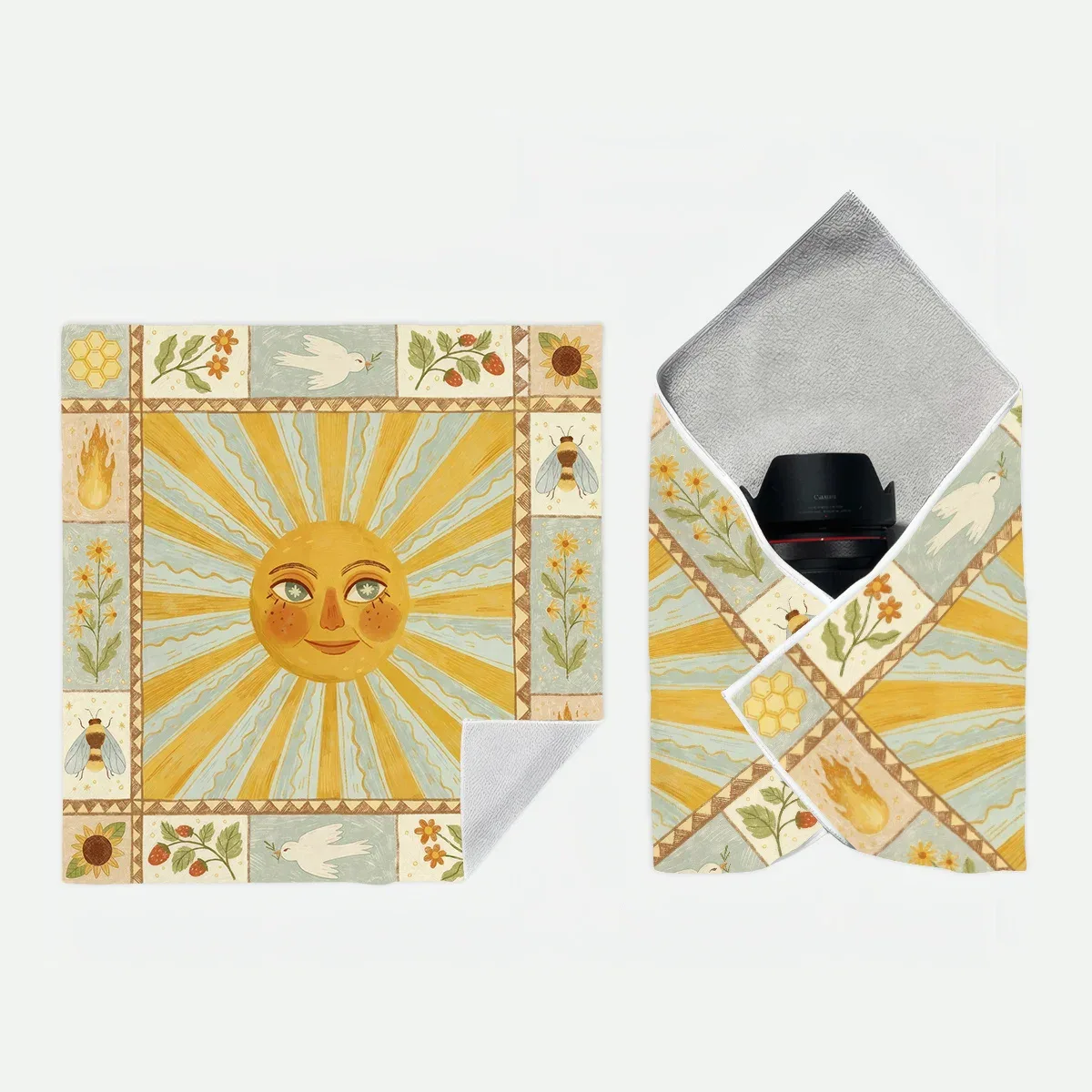 Tissu d'emballage magique auto-adhésif à motif soleil, sac de maquillage auto-adhésif, pochette de rangement portable pour housse de protection d'appareil photo