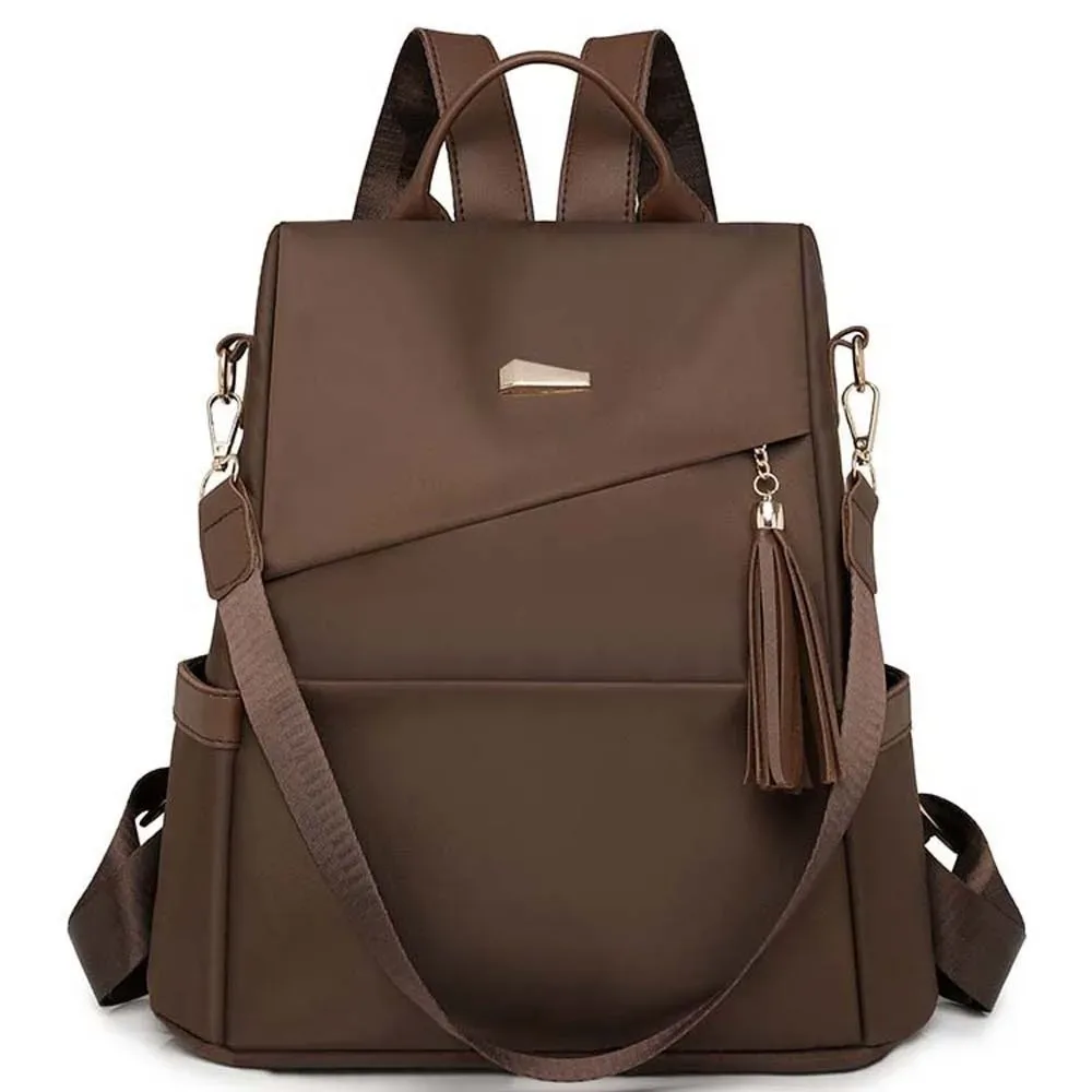 sac à dos en nylon de grande capacité pour femmes, multi-poches, doux au toucher, imperméable, couleur unie, avec pompon décoratif, sac à dos antivol