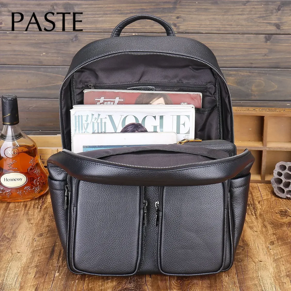 sac à dos simple en cuir de vache pour homme, noir, grande capacité, nouveau style, 15.6 pouces, pour le travail au bureau