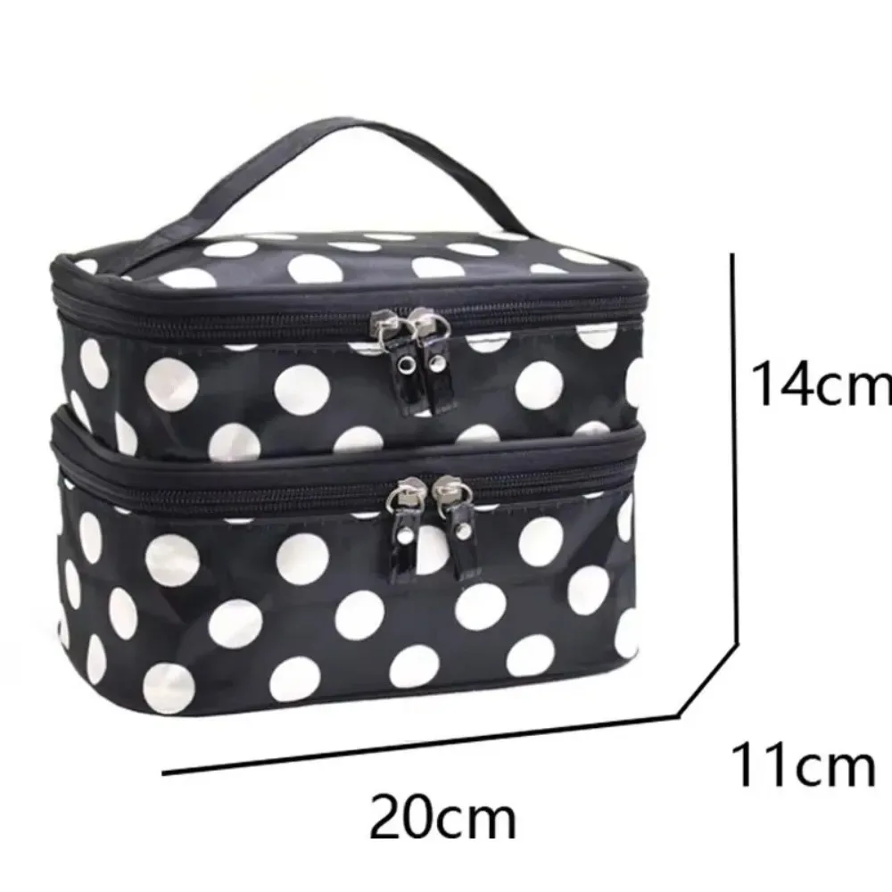 sac de maquillage double couche tendance, grande capacité, à pois, trousse de toilette portable, étui de maquillage de voyage