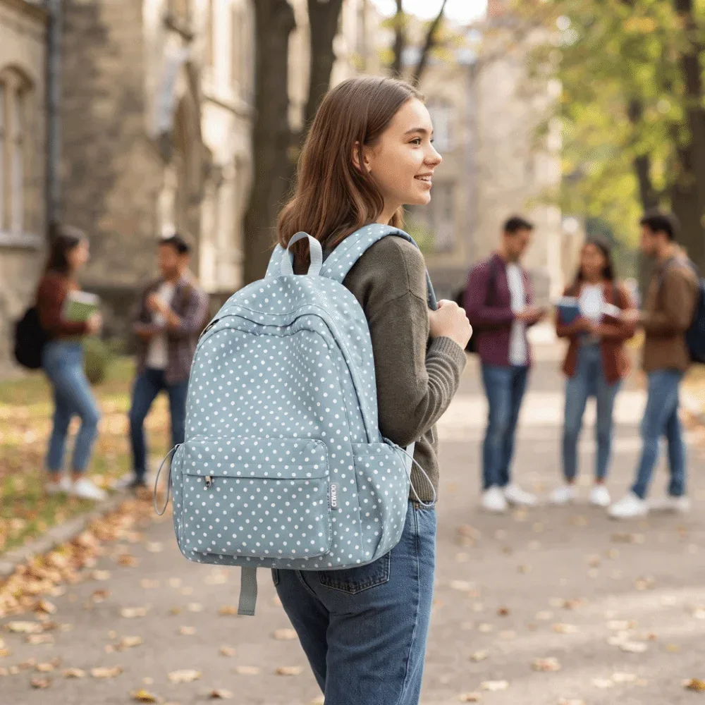 sac à dos scolaire à motif à pois tendance, grande capacité, sac de voyage décontracté, léger et minimaliste pour femmes