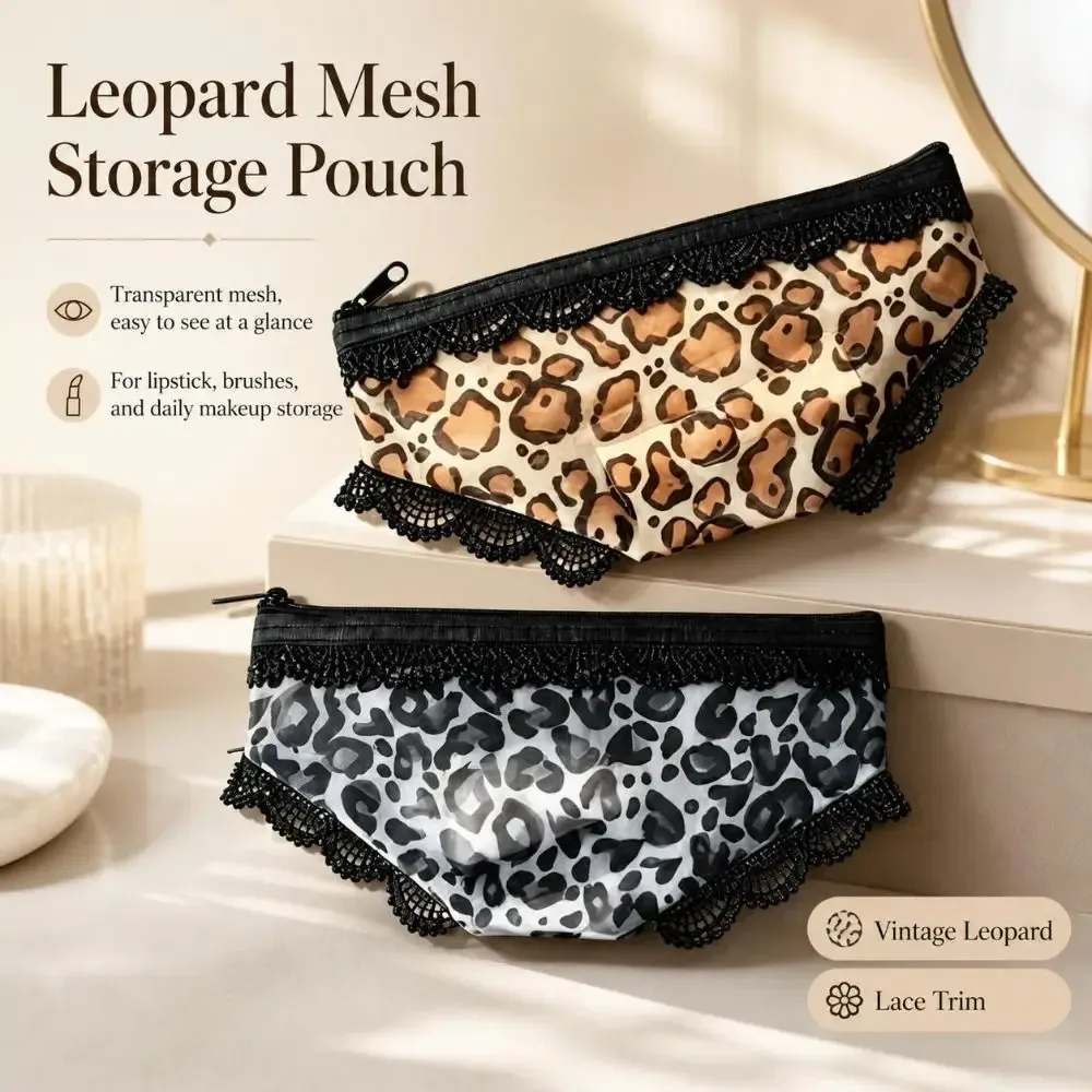 pochette de maquillage chic en forme de culotte à imprimé léopard, avec fermeture éclair, sac cosmétique portable en maille, pochette de rangement transparente ornée de dentelle, idéale pour les voyages.