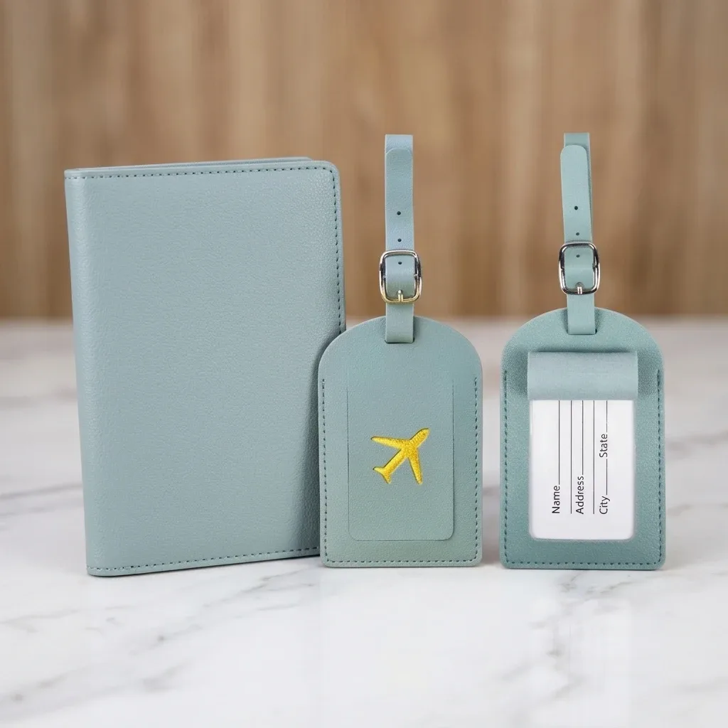 ensemble porte-passeport et étiquette de bagage en cuir pu avec blocage rfid, organiseur de documents de voyage pour les voyages d'affaires et de vacances
