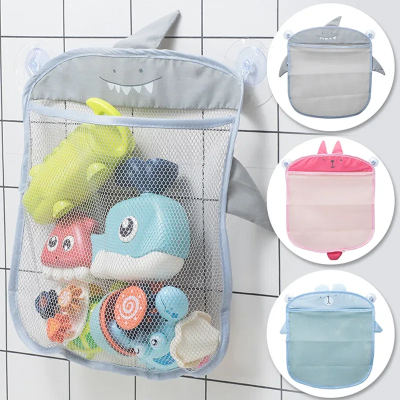 Sac de rangement en filet pour jouets de bain en forme de requin mignon avec ventouses puissantes, séchage rapide, panier suspendu pour salle de bain pour tout-petits, enfants et bébés