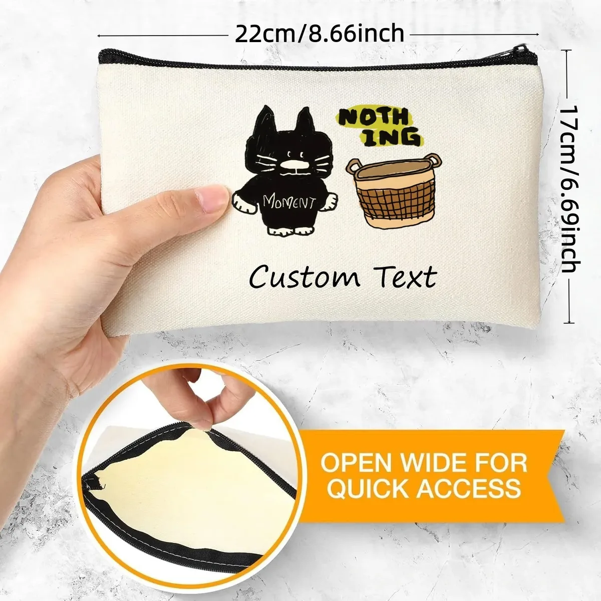 1 pièce, pochette de maquillage en toile avec motif de chat noir dessiné à la main et texte personnalisé "nothing moment", sac de rangement pour cosmétiques avec fermeture éclair.