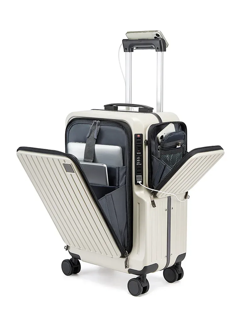 20 pouces multifonctionnel ouverture avant bagages ordinateur portable valise de voyage boîte d'embarquement boîtier de chariot pc mot de passe boîte bagage à main