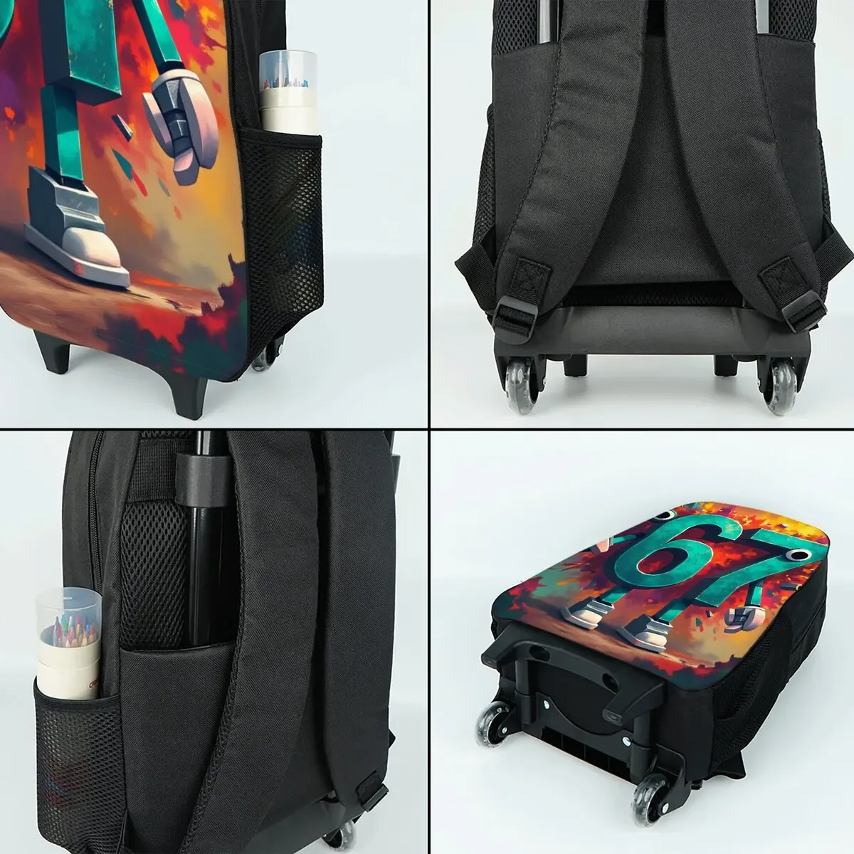 ensemble de sacs à roulettes noirs numéro 67 colorés, avec boîte à déjeuner, sac à stylos avec roulettes, sac à dos de chariot d'école pour filles/garçons