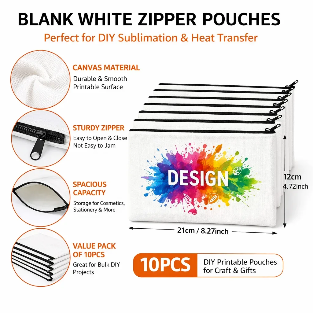 10/20/30pcs sacs à fermeture éclair pour sublimation, pochettes cosmétiques vierges en toile blanche, sacs de rangement artisanaux imprimables par transfert thermique diy