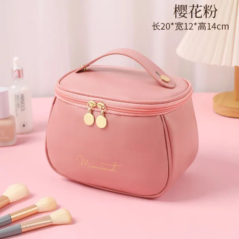 sac de maquillage de voyage de grande capacité, sac organisateur de cosmétiques portable en cuir pu, sac de toilette imperméable avec poignée, sac de rangement pour produits de soin de la peau