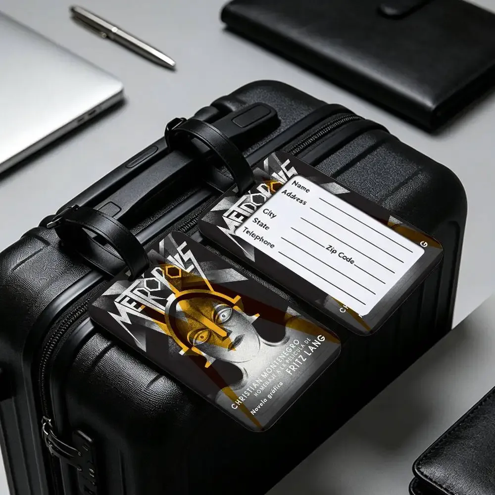 étiquette de bagage en pvc légère anti-perte, style rétro années 80, inspirée du film metropolis (allemagne), avec pochette amovible pour carte d'information, pour sac à dos