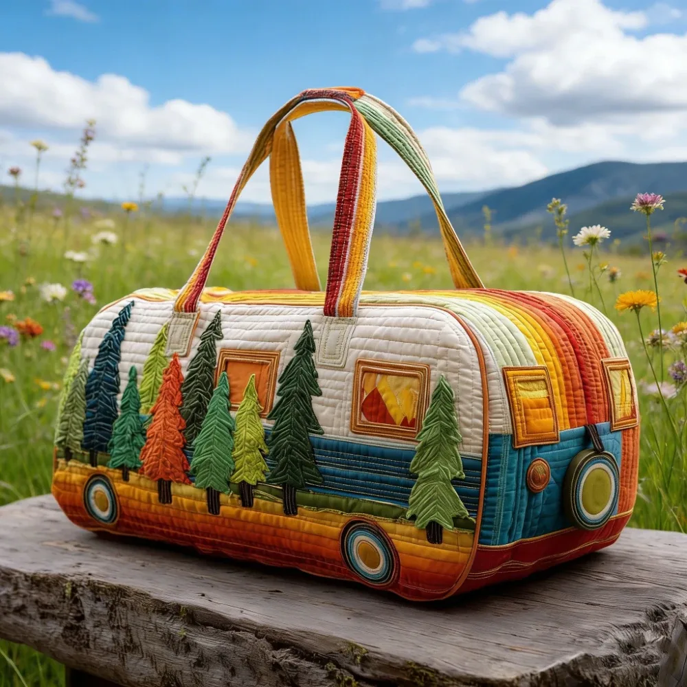 sac de voyage sun and mountain forest, artisanat de quilting fait main, unisexe, vintage, bohème, sac fourre-tout pour le week-end, camping, voyage en voiture, aventures en plein air