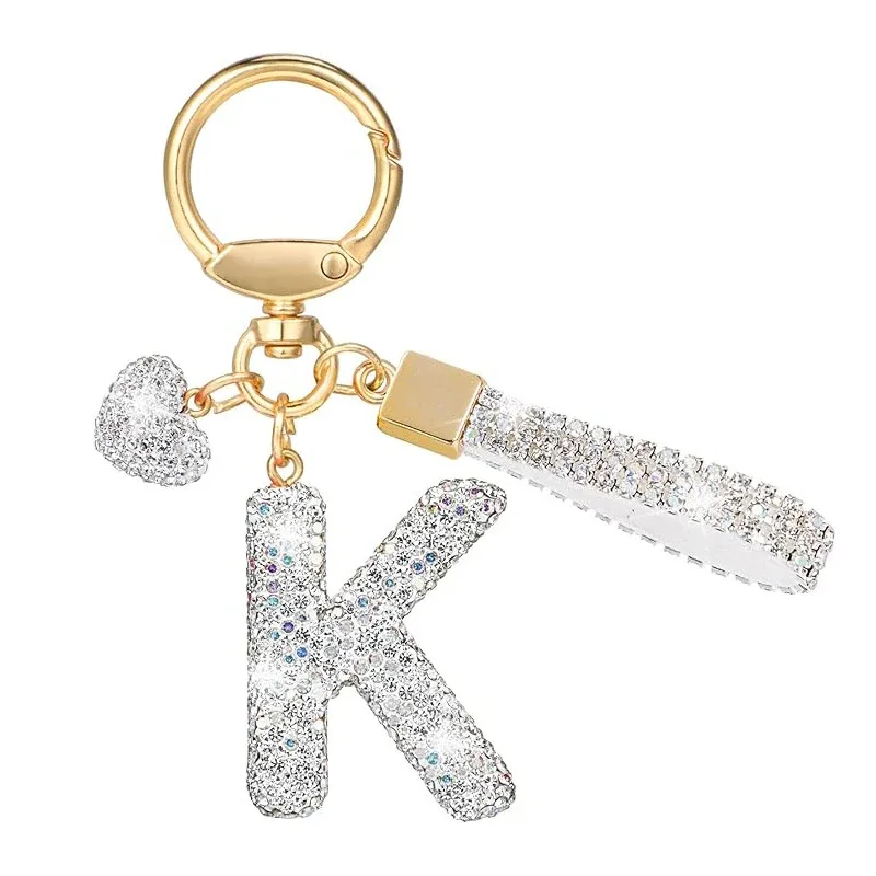 porte-clés avec lettres blanches brillantes, alphabet a-z pour porte-clés de voiture/sac à dos et cadeau avec lanière ajoutée