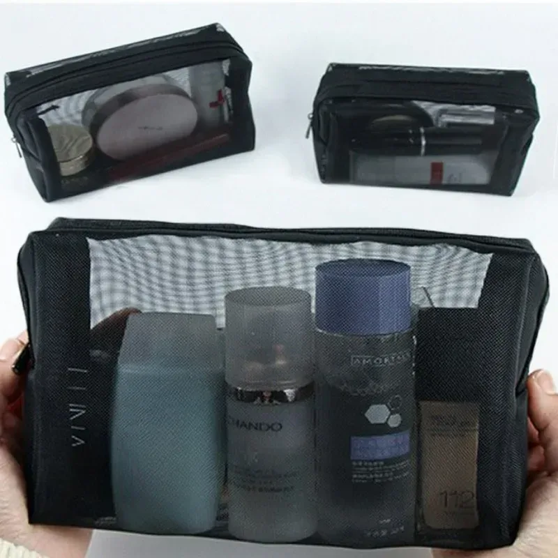 sac à cosmétiques de voyage en maille noire, trousse de maquillage à fermeture éclair pour femmes, trousse de toilette de lavage, organisateur de maquillage, pochette de rangement portable