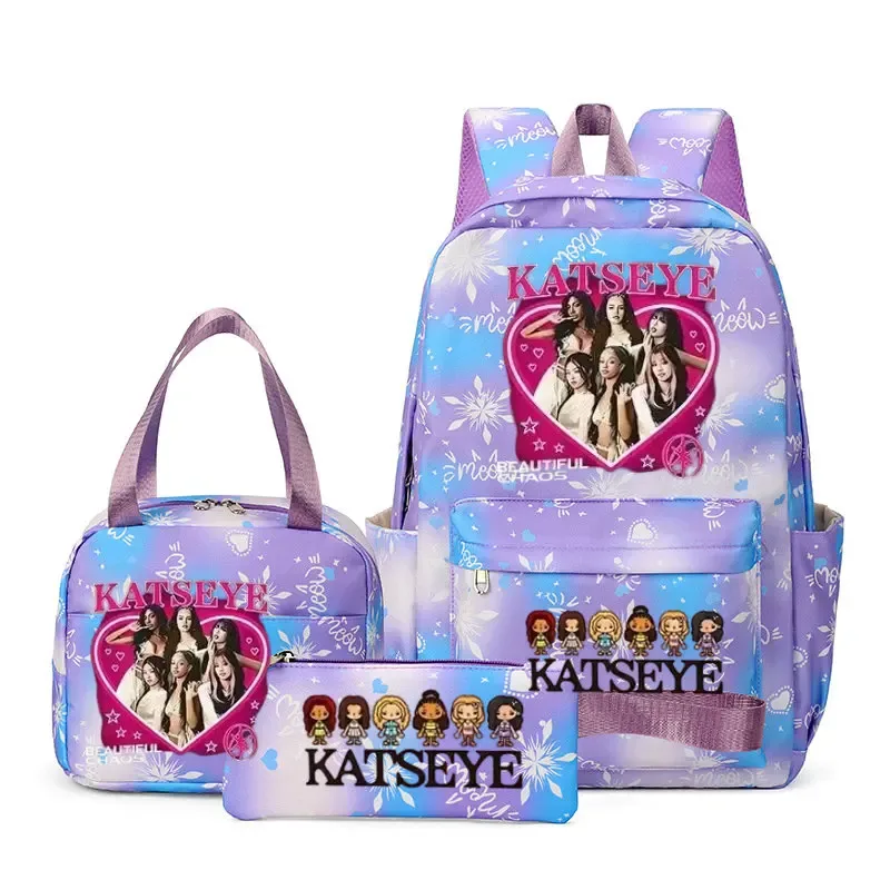 sacs à dos katseye à imprimé amusant, ensemble de 3 pièces, sacs d'école en nylon pour ordinateur portable pour femmes, pour adolescentes, garçons, étudiants, enfants, kawaii