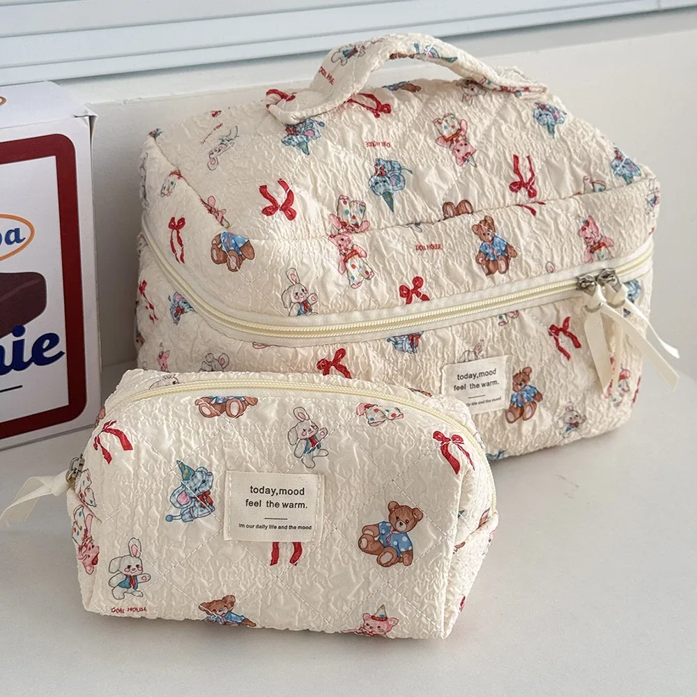 sac matelassé pour femmes, animaux de dessin animé kawaii, grande capacité, pochette de rangement de toilette cosmétique, 3 types, trousse de maquillage à fermeture éclair pour dames