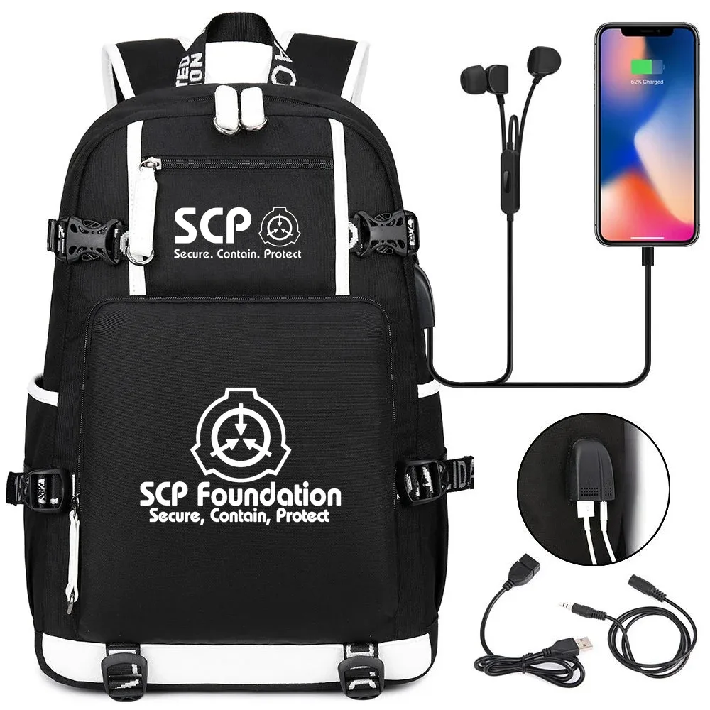 sac à dos scp foundation cartable noir, sacs d'école de dessin animé pour enfants adolescents, sac à dos de voyage scp, sacs initiés par ordinateur portable usb