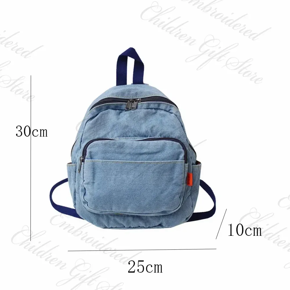 sac à dos en denim avec nom brodé pour femmes, sac de voyage en toile denim pour l'extérieur, nom personnalisé, cartable pour étudiants