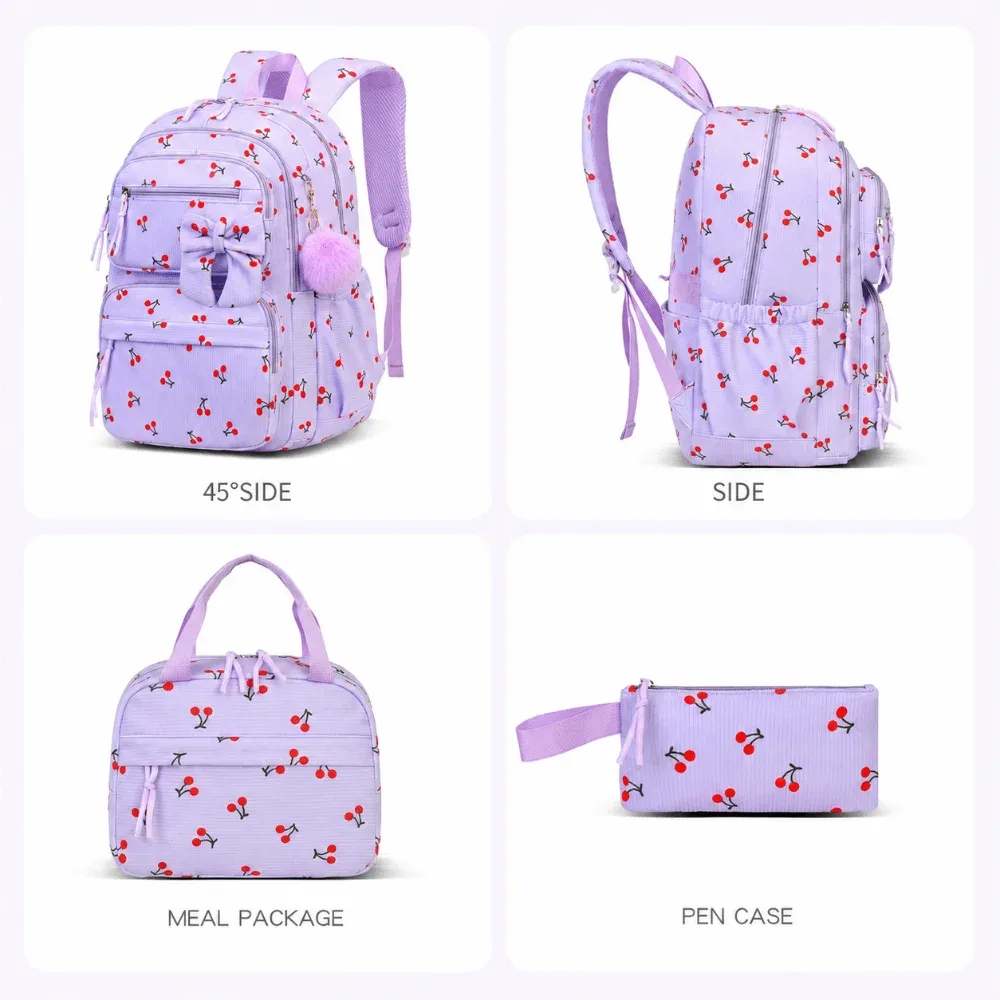 ensemble de 3 sacs à dos, sac à lunch et trousse à crayons à motif de dessin animé, grande capacité, 4 couleurs, ensemble de sacs d'école avec nœud papillon, en tissu de velours côtelé, léger