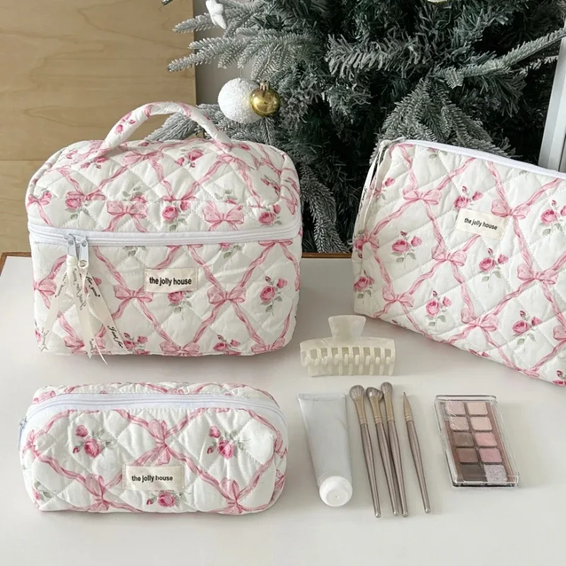 sac de maquillage en tissu de coton avec nœud mignon pour femmes, organisateur de cosmétiques à fermeture éclair, sac à main en forme de boîte, trousse de toilette portable pour filles