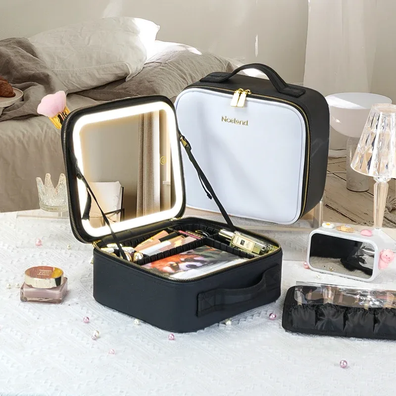 Miroir de mallette de train 3 couleurs, trousse de maquillage portable blanche, organisateur étanche avec séparateurs réglables, mallette de rangement de cosmétiques, cadeau