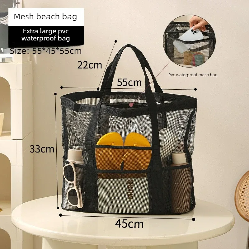 sac de plage en maille grande capacité avec poignées, sac de rangement ajouré pour voyages en bord de mer, serviettes, chaussons et courses