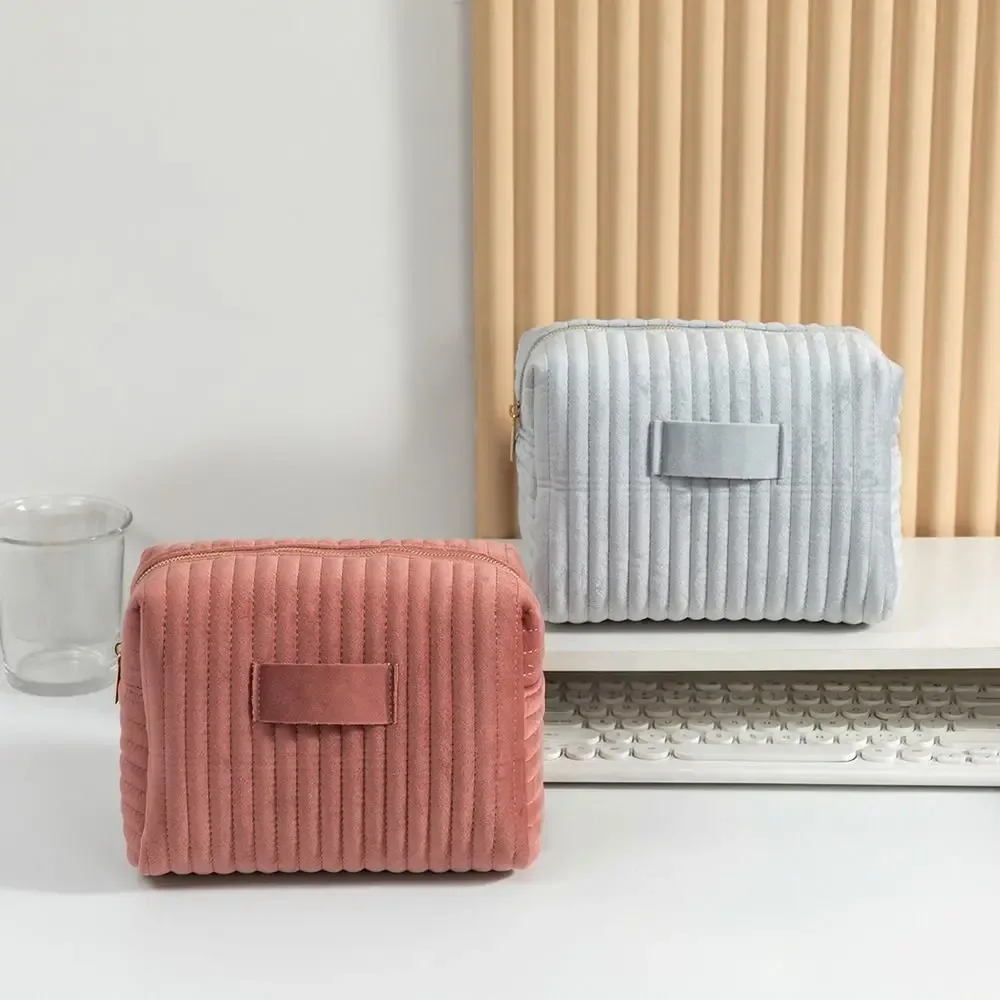 sac de maquillage en velours multi-usages, rayé, matelassé, au toucher doux, trousse de toilette grande capacité, sac cosmétique de voyage