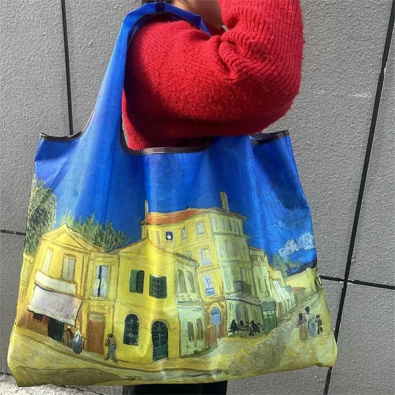 sac de courses pliable imprimé peinture à l'huile, réutilisable, grande capacité, sac fourre-tout écologique, sac de rangement portable et imperméable