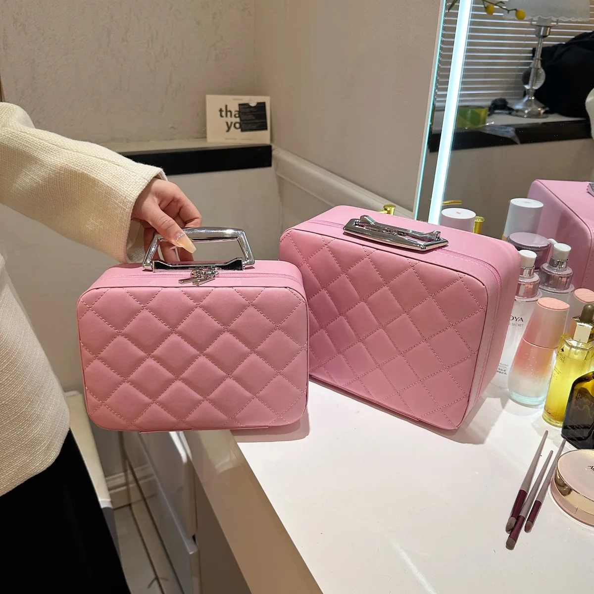 sac à cosmétiques portable en cuir argyle pour femme, multifonction, étanche, rangement de voyage, organisateur, sac à main, miroir, étui de maquillage