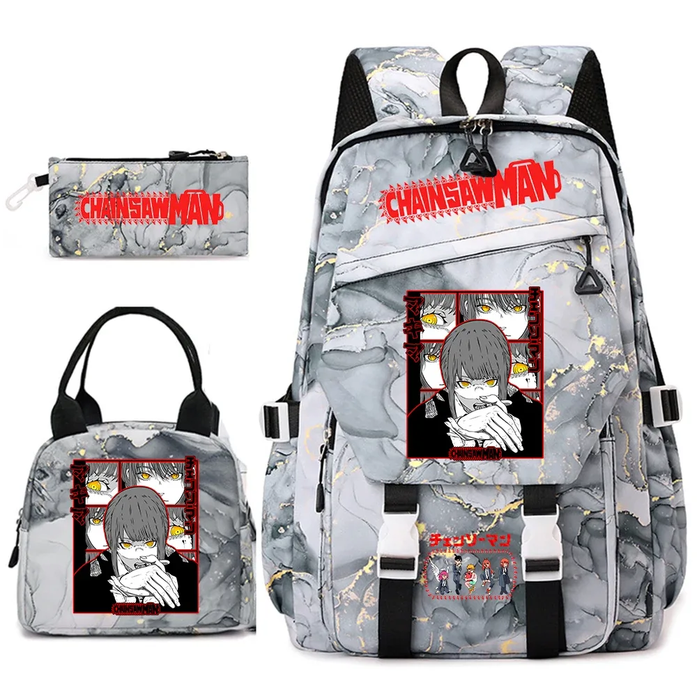 ensemble de sacs à dos pour étudiantes avec imprimé chainsaw man anime, pour filles, avec sac à lunch et trousse à crayons, pour une utilisation quotidienne à l'école