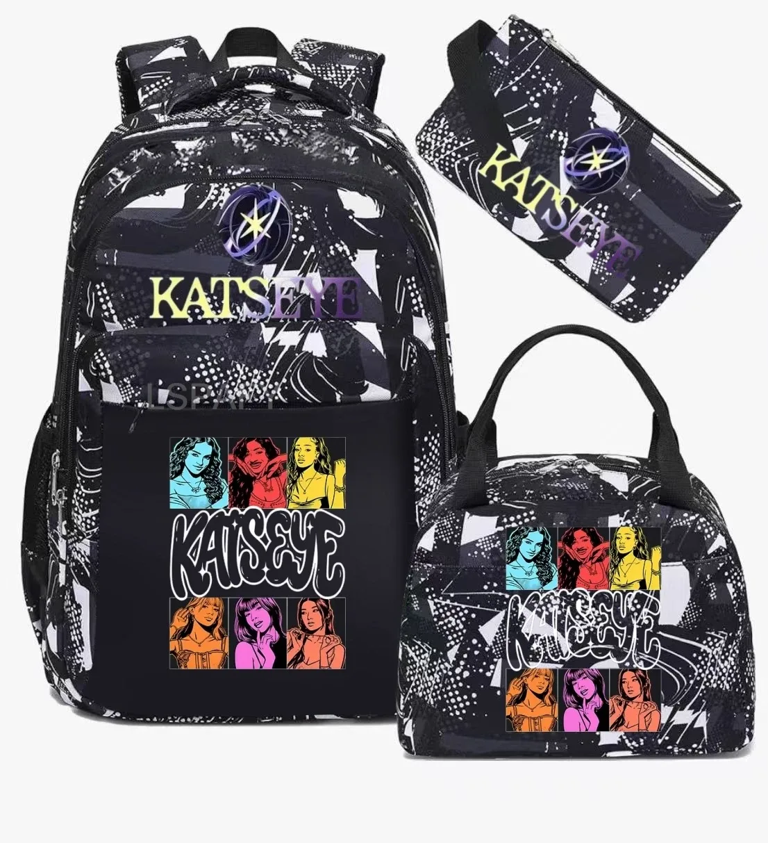 sacs d'école imprimés fashion katseye, ensemble de 3 pièces, sac à dos pour l'école primaire, garçons et filles, sac à dos de sport avec sac à lunch et trousse à crayons