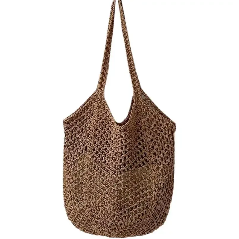 nouveau sac à bandoulière décontracté en coton tricoté grande capacité, style paresseux, avec motif ajouré en paille, pour femme, idéal pour les vacances et la plage
