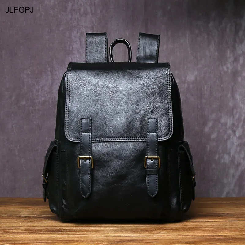 sac à dos en cuir véritable fait à la main pour homme, couche supérieure simple, sac d'ordinateur en cuir de vachette avec fermeture éclair, cartable à la mode