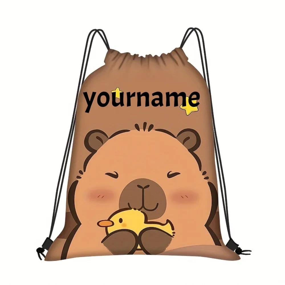 sac à dos à cordon de serrage personnalisé avec nom capybara, sac de rangement léger en polyester avec poches pratiques pour la salle de sport, le yoga, 1 pièce
