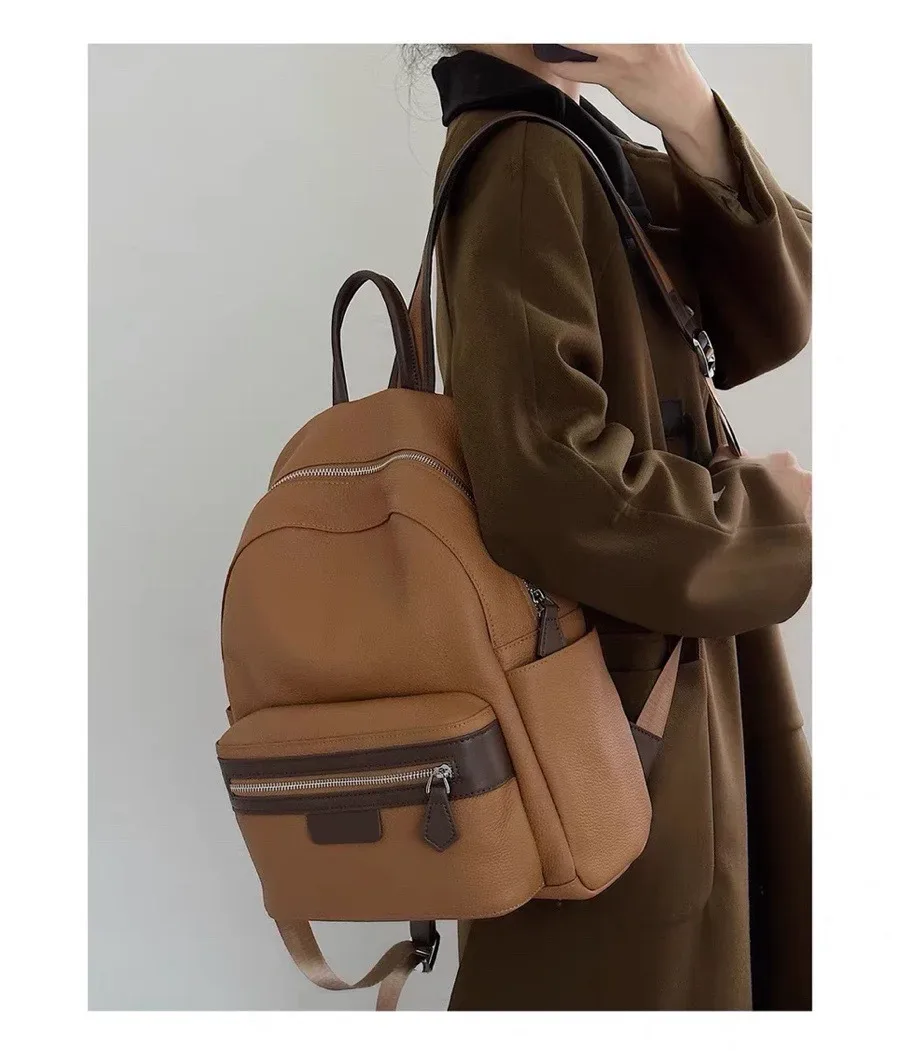 sac à dos en peau de vache naturelle pour femme, 100% cuir véritable, sac lumineux de grande capacité, sac pour ordinateur portable, coloré, beige, imprimés girl, nouveau, 2024