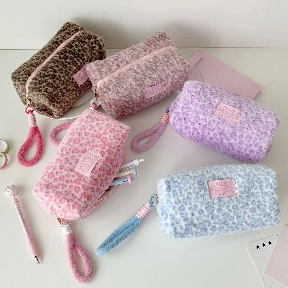 sac à cosmétiques en peluche imprimé léopard coréen d'hiver, trousse de maquillage pour femme, trousse à crayons pour étudiante, trousse de toilette portable pour organisateur de maquillage