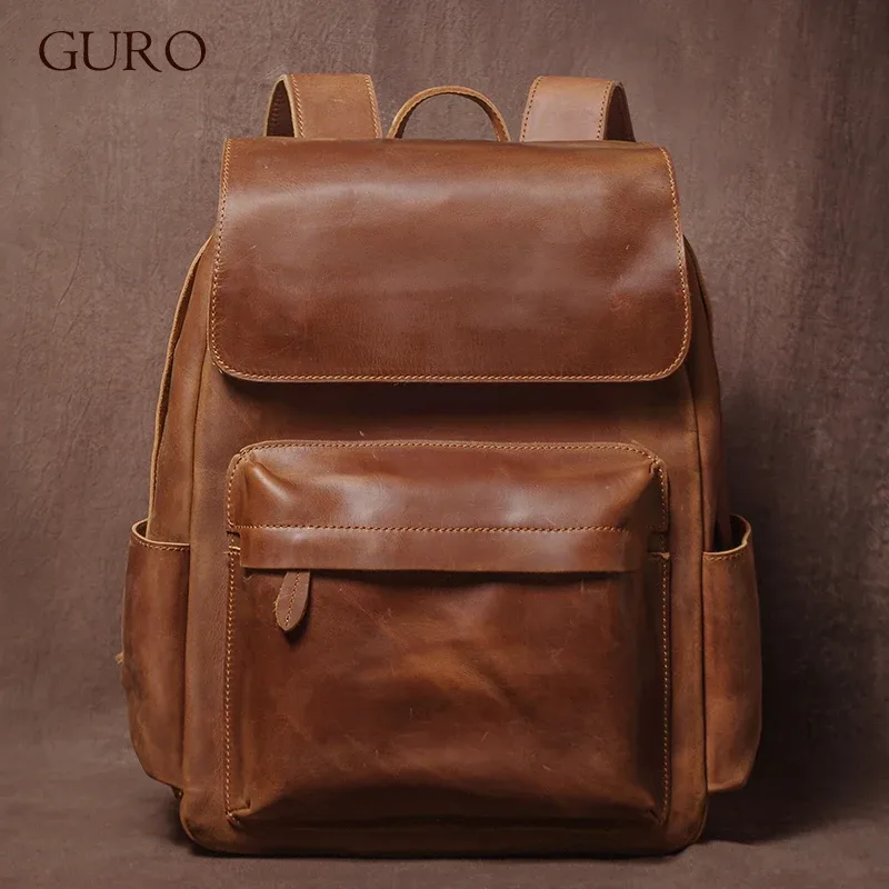 GURO Vintage sac à dos en cuir véritable week-end pour hommes sacs à dos de voyage de luxe haut Crazy Horse cartable en peau de vache pour ordinateur portable 16 pouces