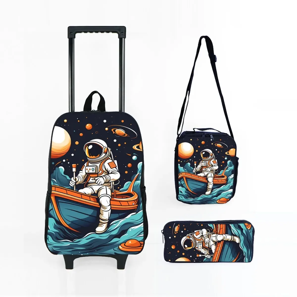 ensemble de sacs à roulettes à imprimé spatial d'astronaute avec boîte à lunch, trousse à crayons, sac à roulettes pour l'école, sac à dos pour fille/garçon