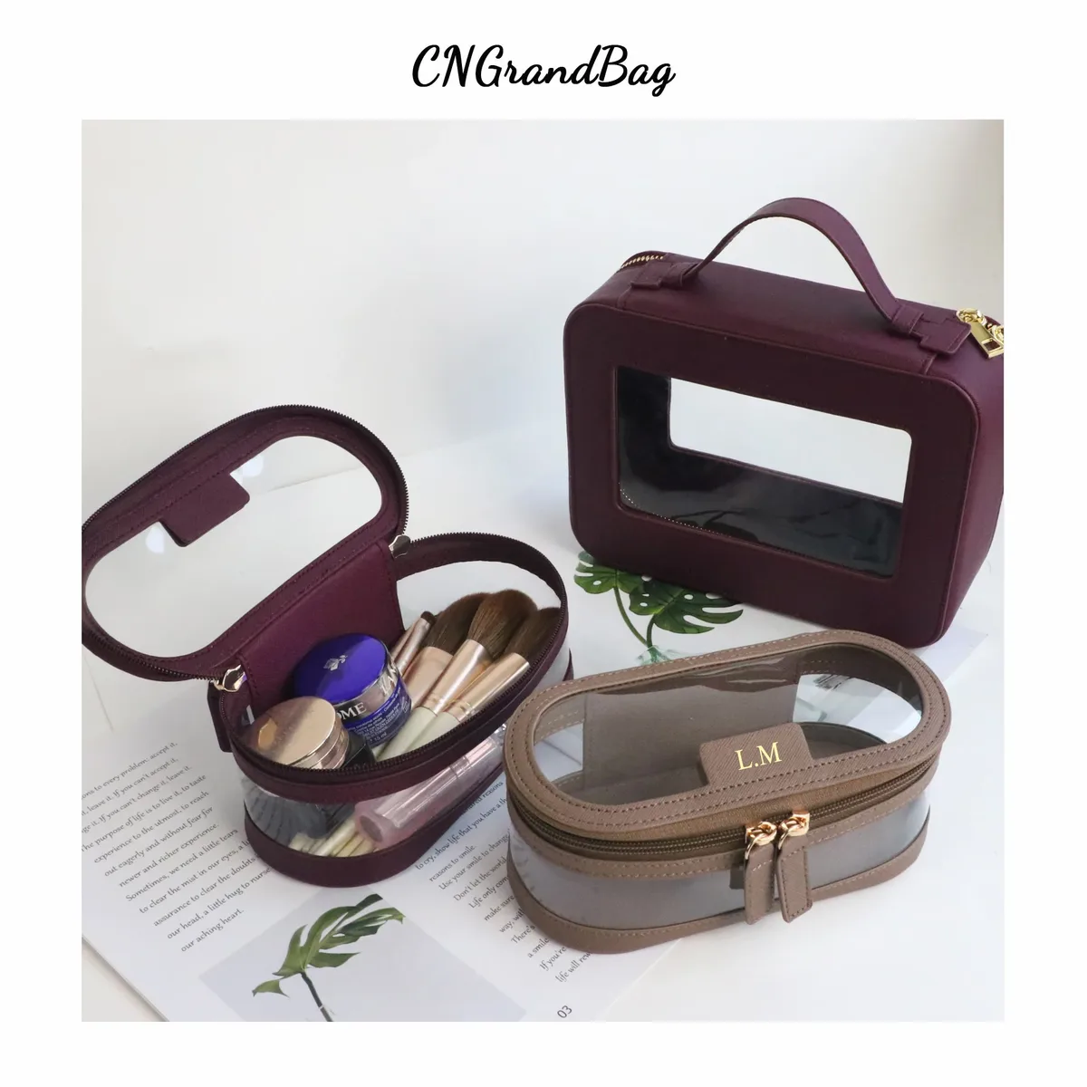 sac pour pinceaux cosmétiques en cuir saffiano avec lettres personnalisées, sac de rangement transparent multifonction de voyage étanche, étui de capacité