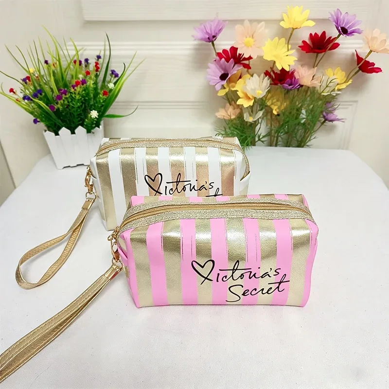 trousse de maquillage rayée imperméable en gros pour femmes, sac cosmétique de voyage avec organisateur de toilette transparent, pochette de plage à fermeture éclair