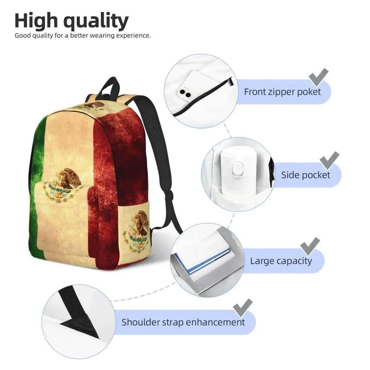 sac à dos vintage drapeau du mexique pour hommes et femmes, sac à dos pour écoliers, grande capacité, pour ordinateur portable