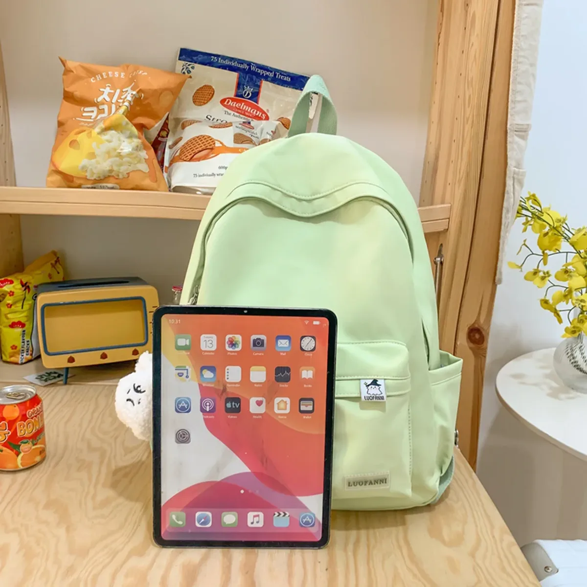 chimfemale-sac d'école en nylon imperméable pour femme, sac à dos de voyage pour ordinateur portable, sac de livre kawaii pour femme, sac à dos imprimés fashion girl, vert et mignon