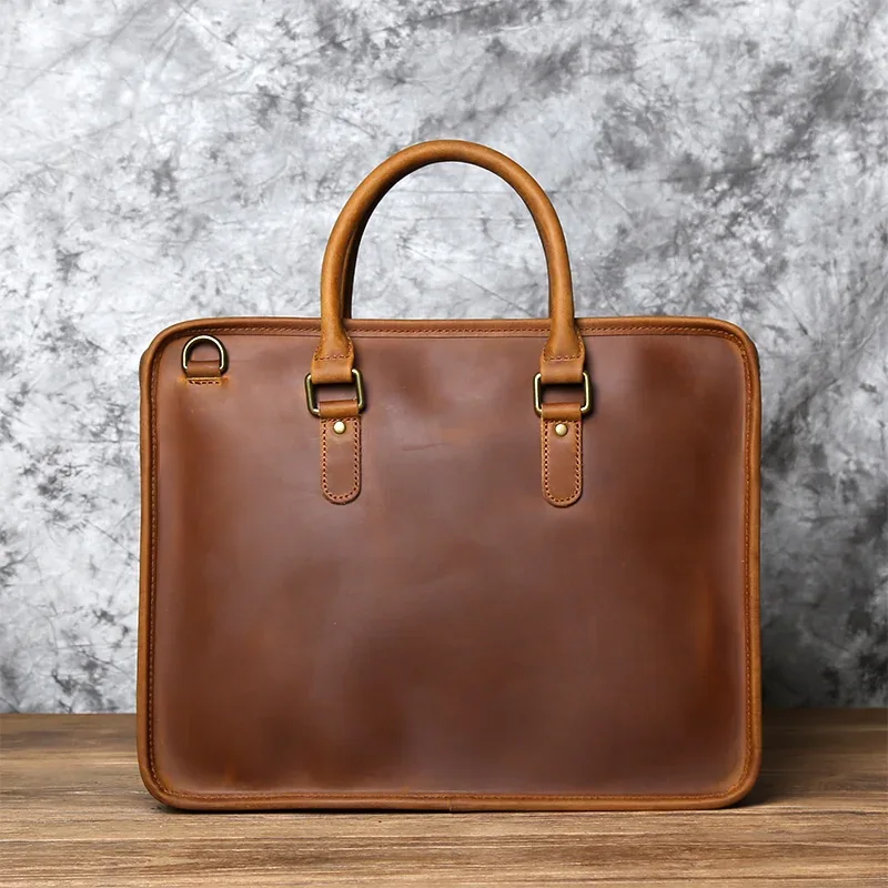 nzpj porte-documents en cuir pour hommes sac à main rétro couche supérieure en peau de vache pochette d'ordinateur sac à bandoulière en cuir de cheval fou sac de luxe