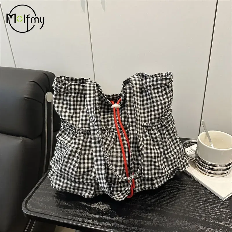 Sac fourre-tout à volants pour femmes, sac à main à cordon de serrage, sacs à bandoulière en toile à la mode Sacs coréens De grande capacité Bolsos De Mujer