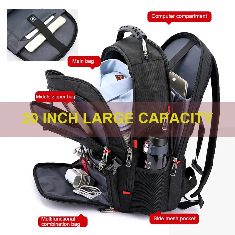 Sacs à dos étanches pour ordinateur portable 20 pouces, sac d'école avec chargeur USB, sac à dos antivol pour hommes, sac à dos de voyage Mochila haute capacité