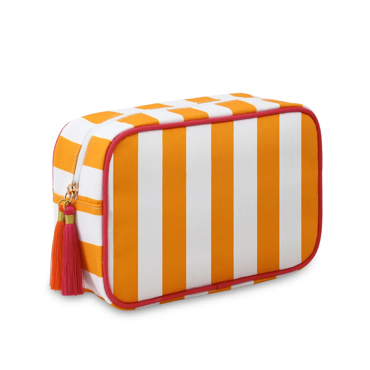 grand sac à cosmétiques portable rayé pour femmes, sac de maquillage à pompon avec fermeture éclair, pochette de rangement de grande capacité