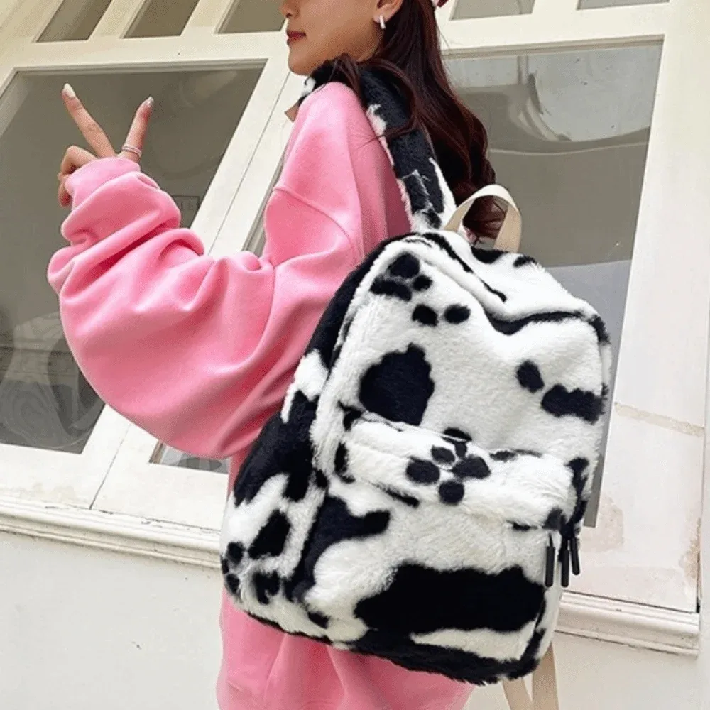 sac à dos portable en peluche à imprimé léopard, style harajuku ulzzang, sac d'école pour étudiants, grande capacité, léger, sac de voyage pour étudiants.