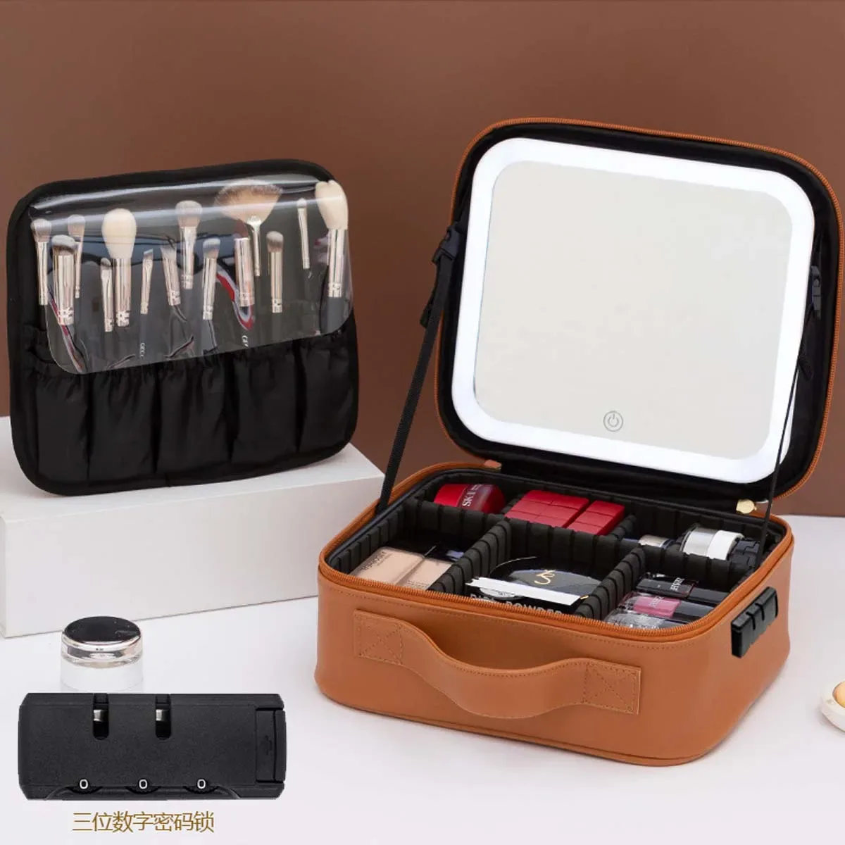 trousse de maquillage de voyage à lumière led avec miroir, grande capacité, sac de rangement avancé, étui de rangement portable, serrure à combinaison