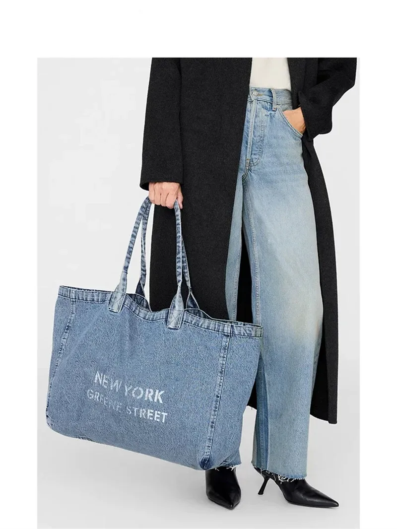 sac fourre-tout en toile denim pour femme, grande capacité, sac de shopping, sac à main décontracté artistique avec lettres, style américain, doublure en polyester souple
