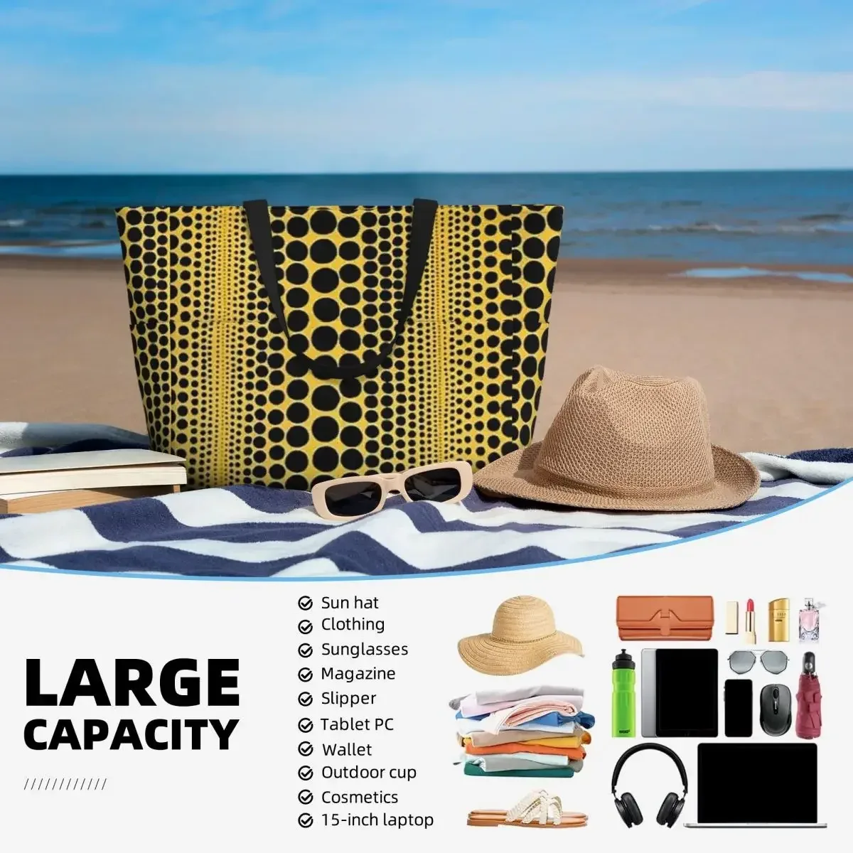 sac fourre-tout de plage abstrait yayoi kusama pumpkin, sac de sport, de gym, de yoga, grand sac fourre-tout pour femme, sac de voyage, sac de fitness