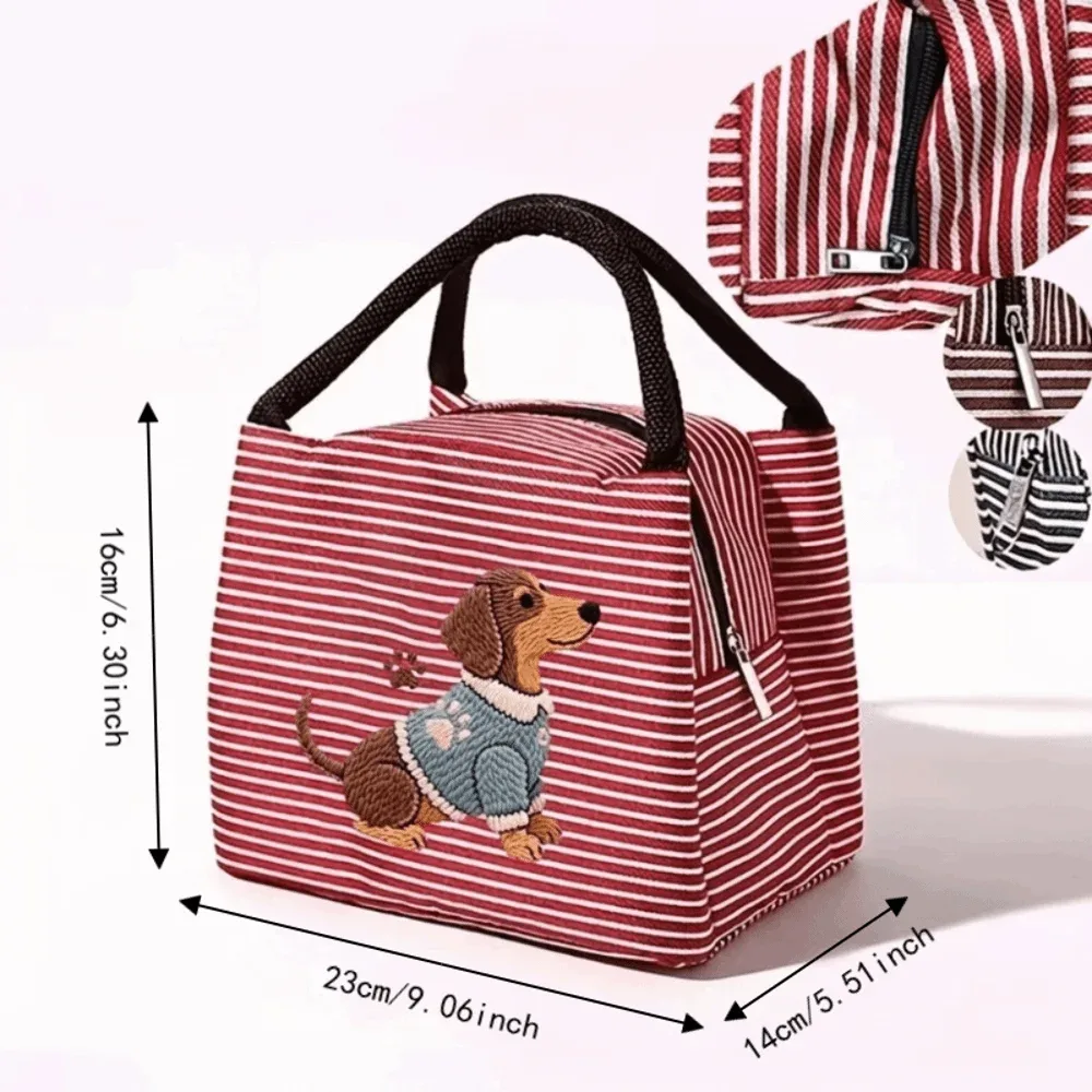 sac isotherme à déjeuner exquis avec broderie de chiot, sac fourre-tout isolé à rayures, sac portable pour aliments, idéal pour l'école